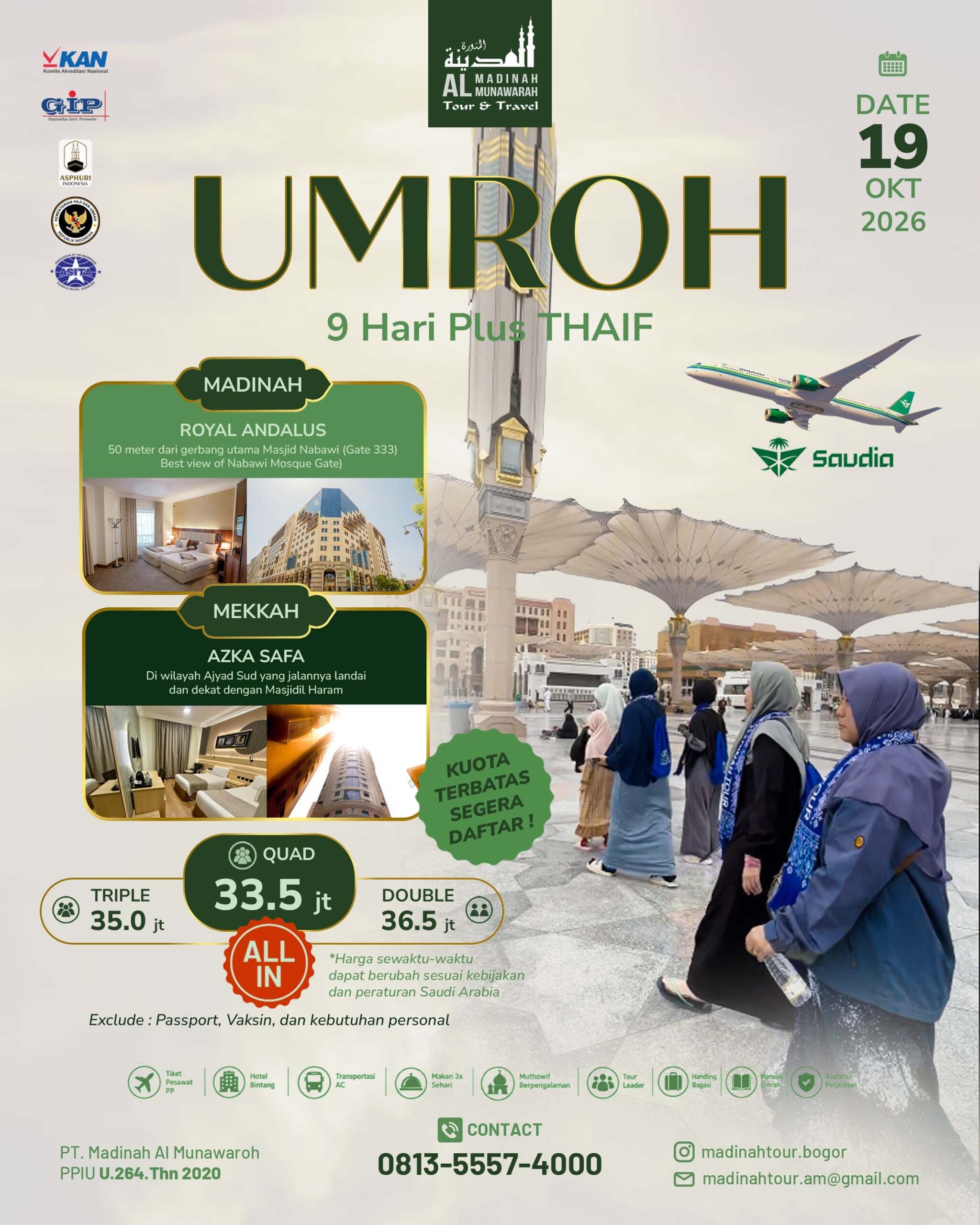 Flyer Umroh Reguler Plus Thaif 9 Hari, keberangkatan 19 Oktober 2026