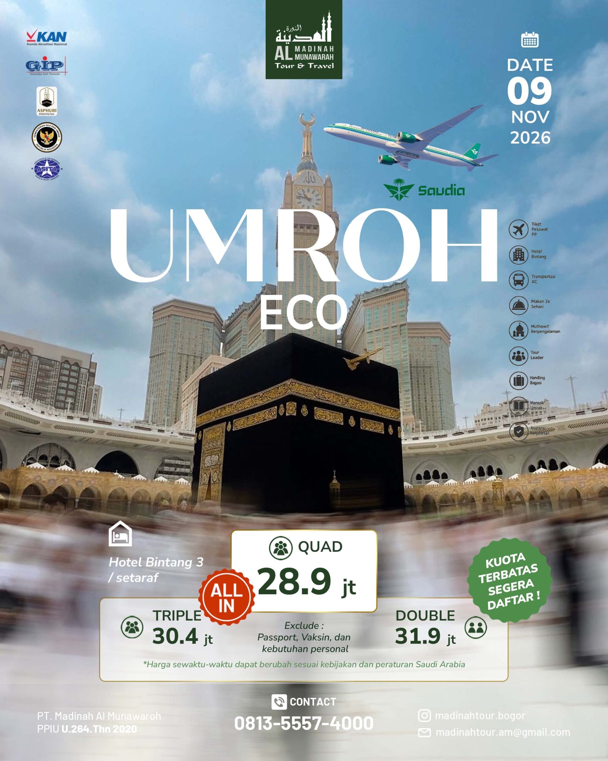 Flyer Umroh Eco Plus Thaif 9 Hari, keberangkatan 9 November 2026