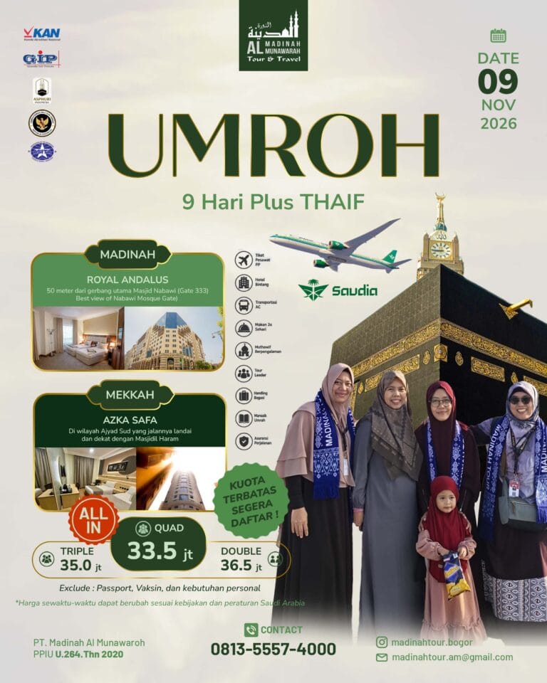 Flyer Umroh Reguler Plus Thaif 9 Hari, keberangkatan 9 November 2026