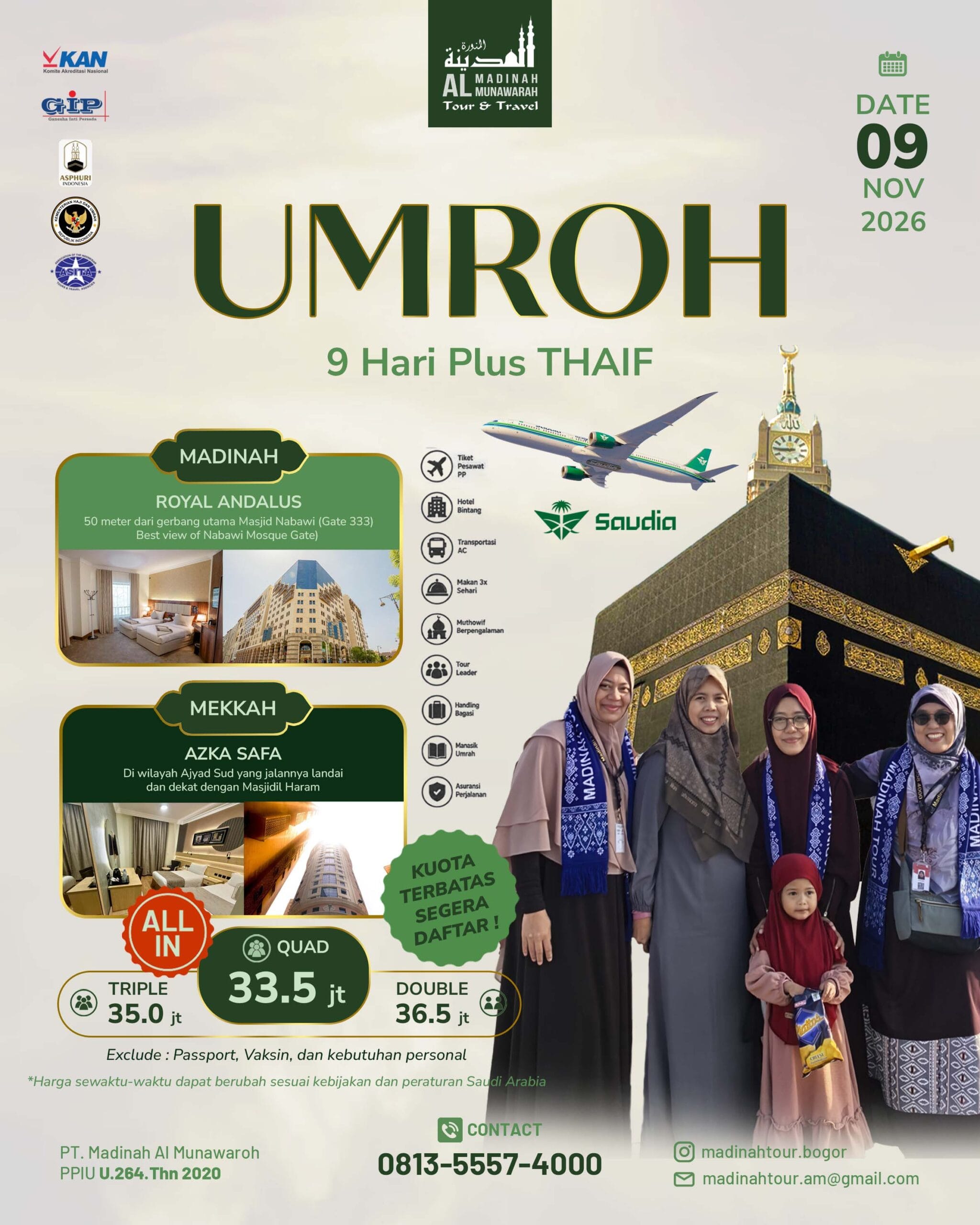 Flyer Umroh Reguler Plus Thaif 9 Hari, keberangkatan 9 November 2026
