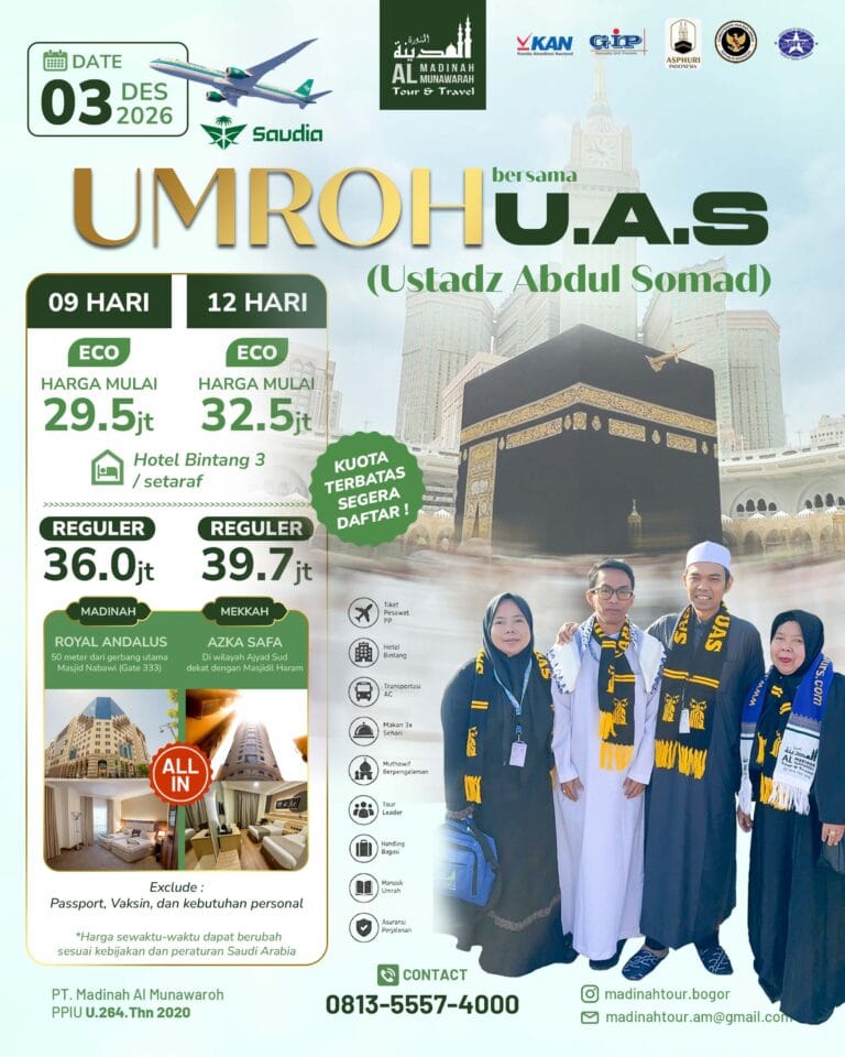 Flyer Umroh bersama Ustadz Abdul Somad, 3 Desember 2026, pilihan Eco dan Reguler 9 atau 12 hari
