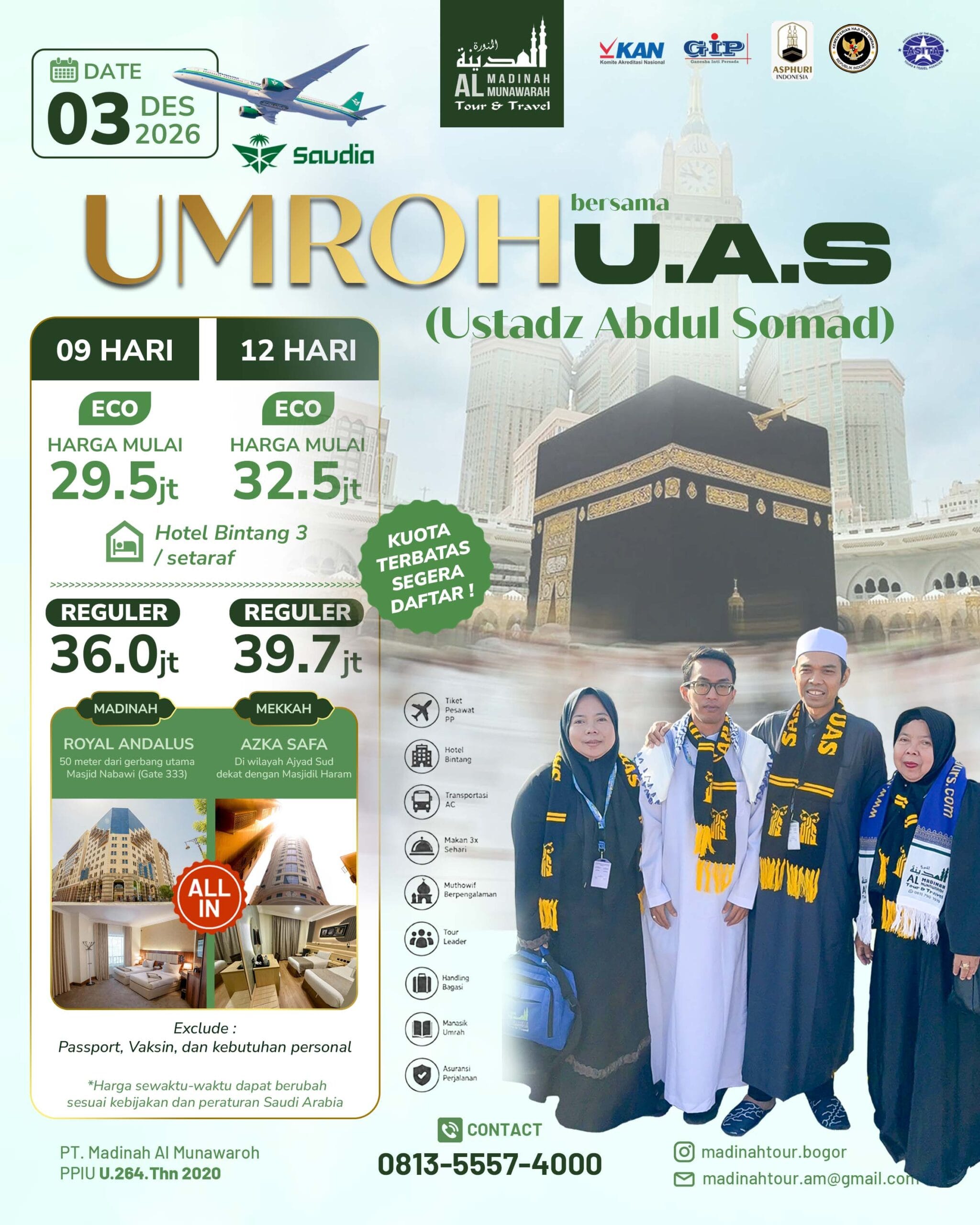 Flyer Umroh bersama Ustadz Abdul Somad, 3 Desember 2026, pilihan Eco dan Reguler 9 atau 12 hari
