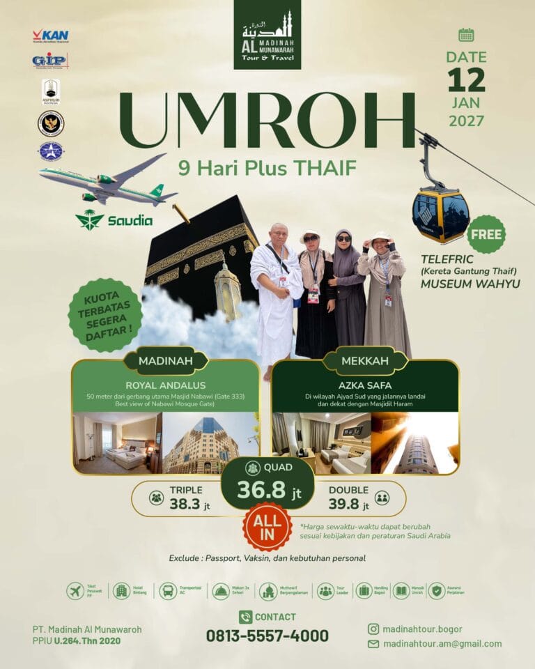 Flyer Umroh Reguler Plus Thaif 9 Hari, keberangkatan 12 Januari 2027